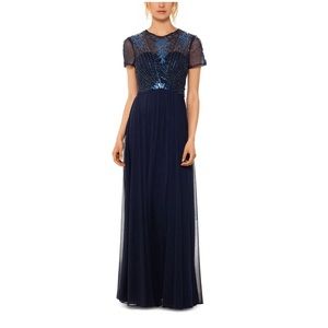BETSY & ADAM Navy Embellished Bodice Gown Short Sleeve Crew Neck Formal Dress